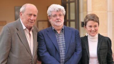 LOS ANGELES, CA - MARCH 29:  Professor Larry Auerbach, director/producer George Lucas, and USC School of Cinematic Arts dean Elizabeth M. Daley attend the dedication of the 20th Century Fox sound stage at the USC School of Cinematic Arts on March 29, 2011 in Los Angeles, California.  (Photo by Alberto E. Rodriguez/Getty Images)