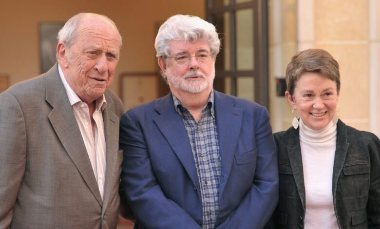 LOS ANGELES, CA - MARCH 29:  Professor Larry Auerbach, director/producer George Lucas, and USC School of Cinematic Arts dean Elizabeth M. Daley attend the dedication of the 20th Century Fox sound stage at the USC School of Cinematic Arts on March 29, 2011 in Los Angeles, California.  (Photo by Alberto E. Rodriguez/Getty Images)