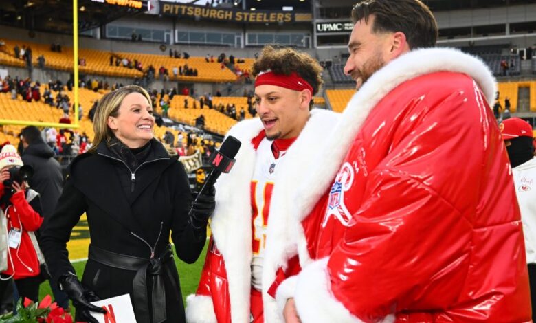 PITTSBURGH, PENNSYLVANIA - DECEMBER 25: Patrick Mahomes #15 and Travis Kelce #87 of the Kansas City Chiefs speaks with a NETFLIX reporter after the game against the Pittsburgh Steelers at Acrisure Stadium on December 25, 2024 in Pittsburgh, Pennsylvania. (Photo by Joe Sargent/Getty Images)