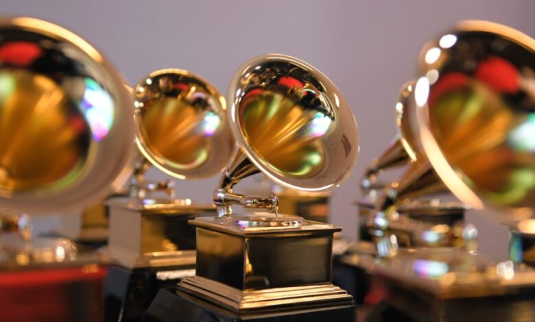 LAS VEGAS, NEVADA - APRIL 03: Grammy trophies sit in the press room during the 64th Annual GRAMMY Awards at MGM Grand Garden Arena on April 03, 2022 in Las Vegas, Nevada. (Photo by David Becker/Getty Images for The Recording Academy)