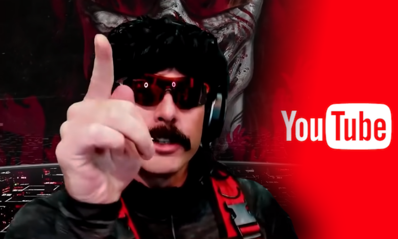 dr disrespect in front of down arrows with youtube and rumble logos