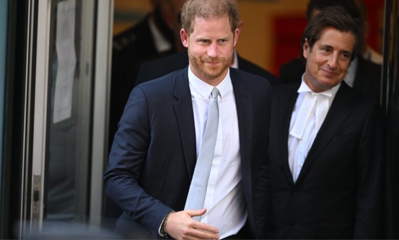 LONDON, ENGLAND - JUNE 07: Prince Harry, Duke of Sussex (L), and barrister David Sherborne (R) leave after giving evidence at the Mirror Group Phone hacking trial at the Rolls Building at High Court on June 7, 2023 in London, England. Prince Harry is one of several claimants in a lawsuit against Mirror Group Newspapers related to allegations of unlawful information gathering in previous decades.