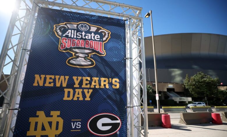 NEW ORLEANS, LOUISIANA - JANUARY 01: A sign for the Allstate Sugar Bowl between Georgia and Notre Dame is seen outside the Louisiana Superdome after at least ten people were killed on Bourbon Street when a person allegedly drove into a crowd in the early morning hours of New Year's Day on January 1, 2025 in New Orleans, Louisiana. Dozens more were injured after a suspect in a rented pickup truck allegedly drove around barricades and through a crowd of New Year's revelers on Bourbon Street. The suspect then got out of the car, opened fire on police officers, and was subsequently killed by law enforcement.   (Photo by Chris Graythen/Getty Images)